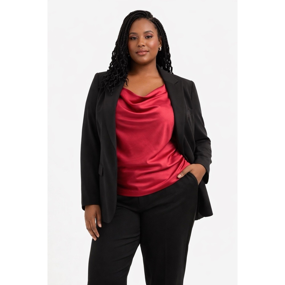 ELOQUII Women's 18W Red Satin Draped Cowl Neck Top Long Sleeve NWT